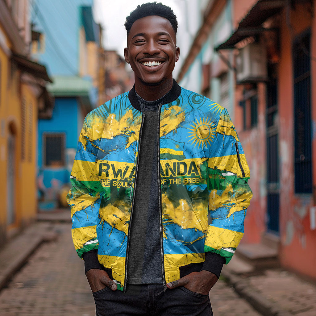 Rwanda Independence Day Sleeve Zip Bomber Jacket Distressed Grunge Flag Design - Broken Chains And 1962 Graphic