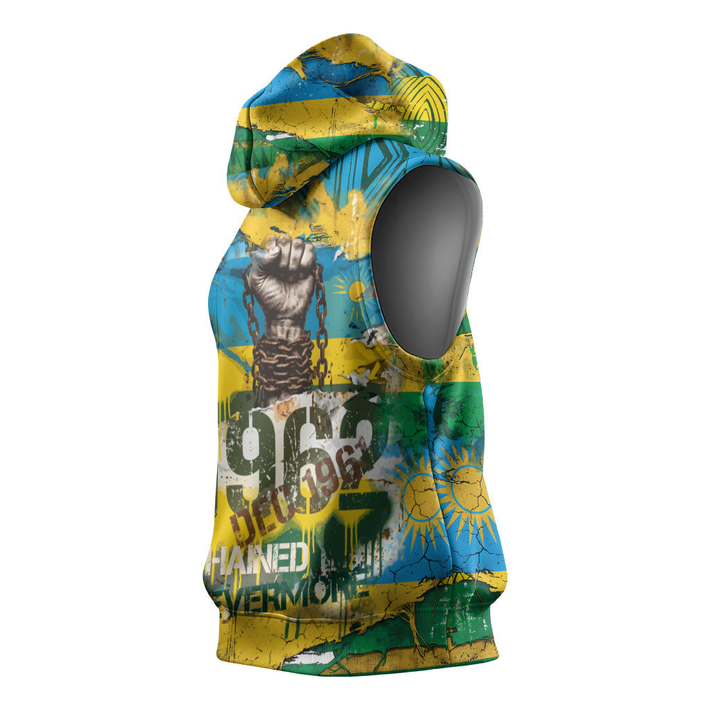 Rwanda Independence Day Sleeveless Hoodie Distressed Grunge Flag Design - Broken Chains And 1962 Graphic