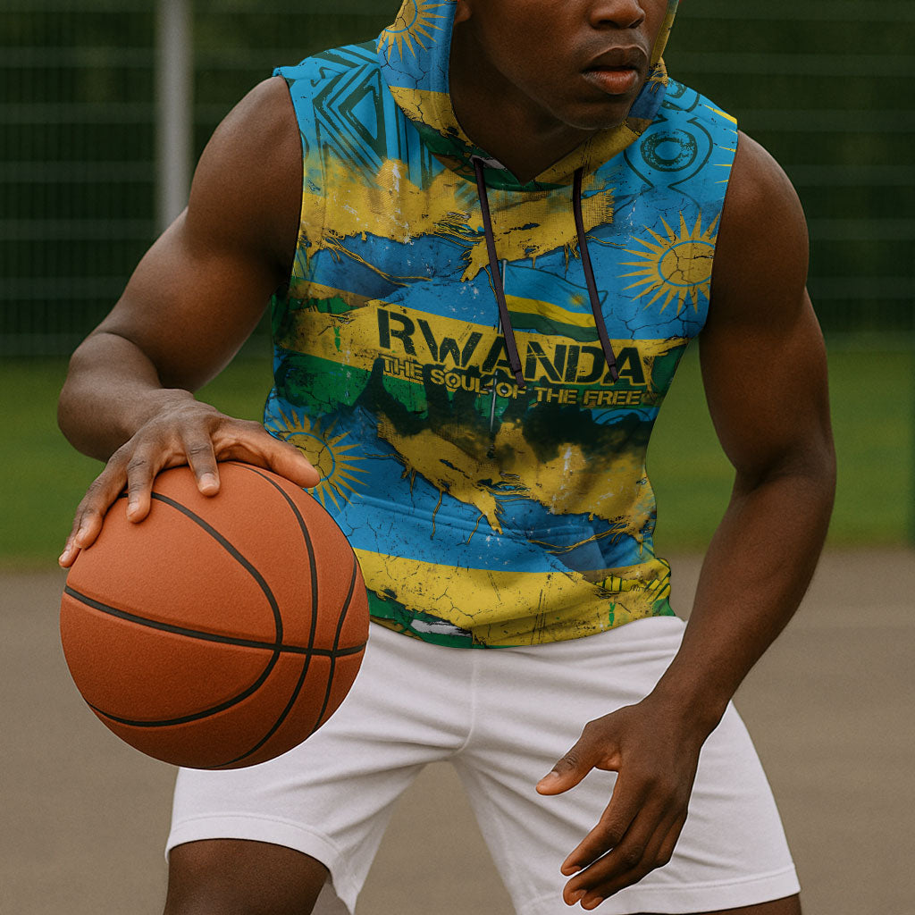Rwanda Independence Day Sleeveless Hoodie Distressed Grunge Flag Design - Broken Chains And 1962 Graphic