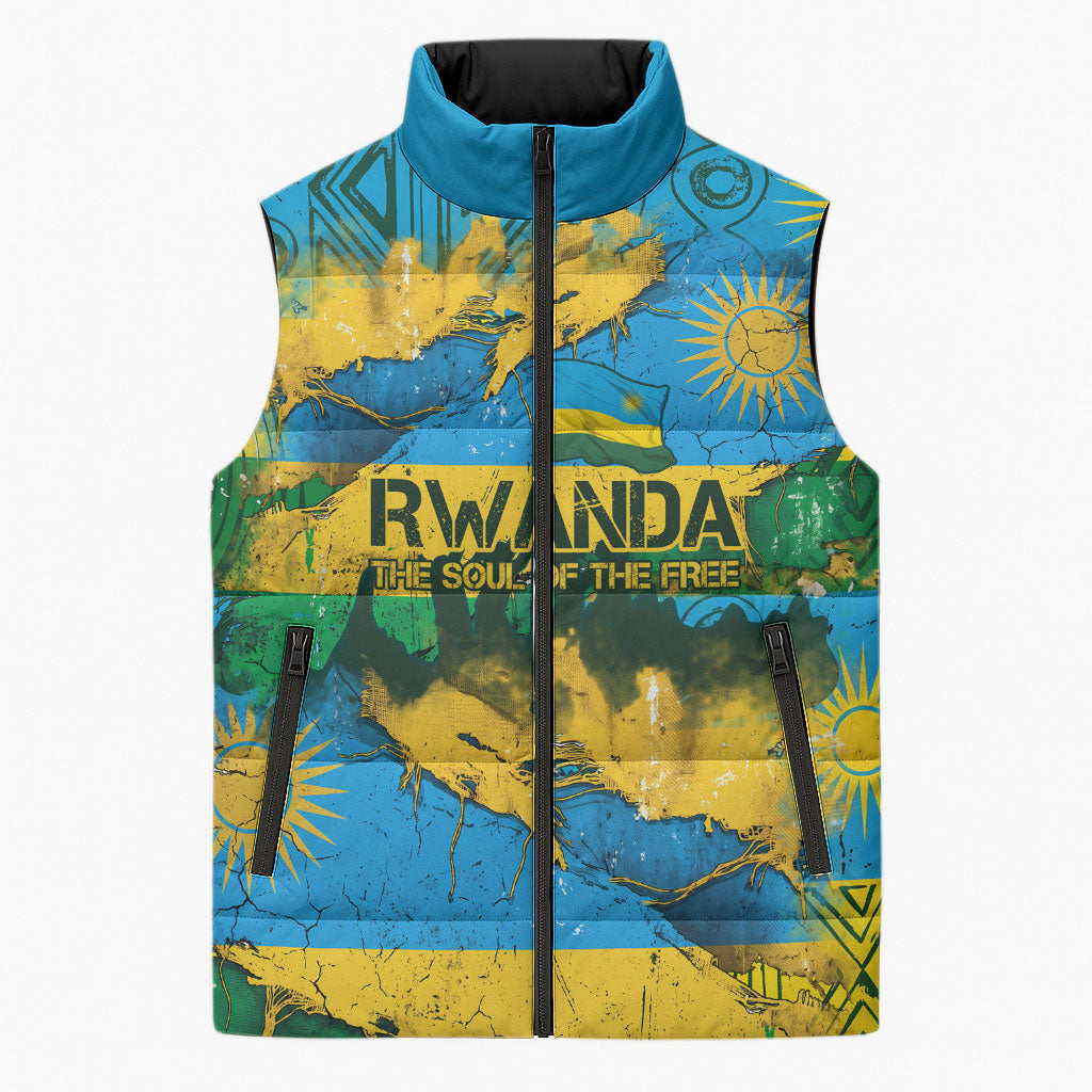 Rwanda Independence Day Sleeveless Puffer Jacket Distressed Grunge Flag Design - Broken Chains And 1962 Graphic
