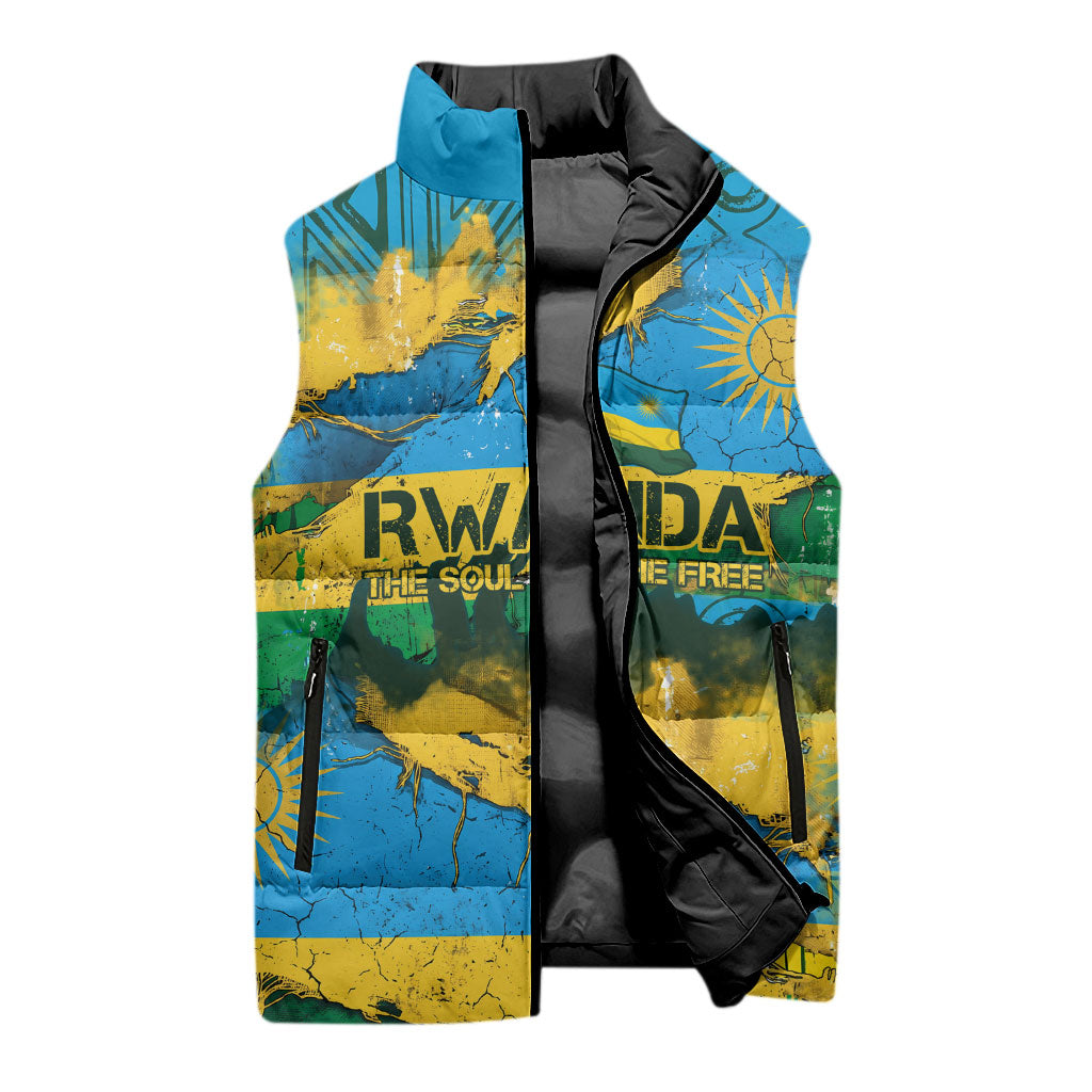 Rwanda Independence Day Sleeveless Puffer Jacket Distressed Grunge Flag Design - Broken Chains And 1962 Graphic