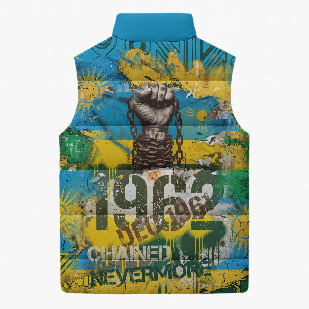 Rwanda Independence Day Sleeveless Puffer Jacket Distressed Grunge Flag Design - Broken Chains And 1962 Graphic