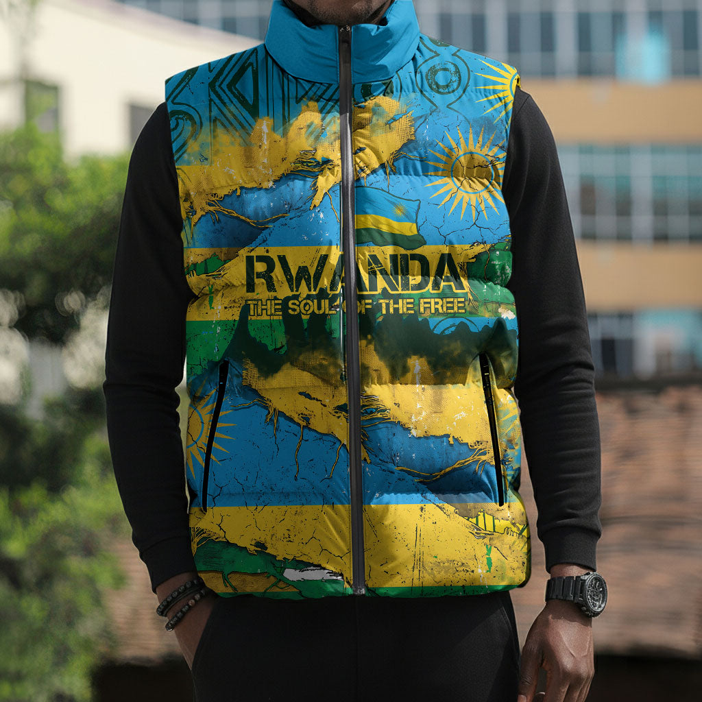 Rwanda Independence Day Sleeveless Puffer Jacket Distressed Grunge Flag Design - Broken Chains And 1962 Graphic