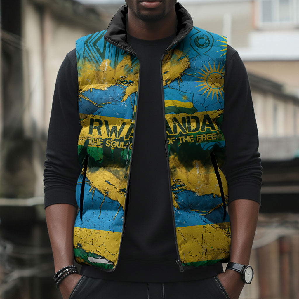 Rwanda Independence Day Sleeveless Puffer Jacket Distressed Grunge Flag Design - Broken Chains And 1962 Graphic