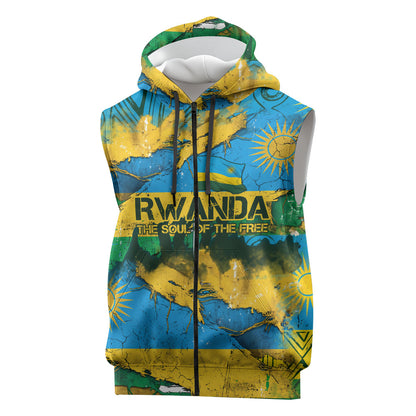 Rwanda Independence Day Sleeveless Zip Hoodie Distressed Grunge Flag Design - Broken Chains And 1962 Graphic