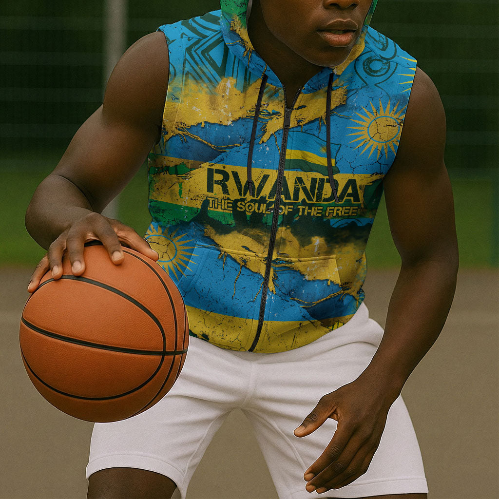 Rwanda Independence Day Sleeveless Zip Hoodie Distressed Grunge Flag Design - Broken Chains And 1962 Graphic