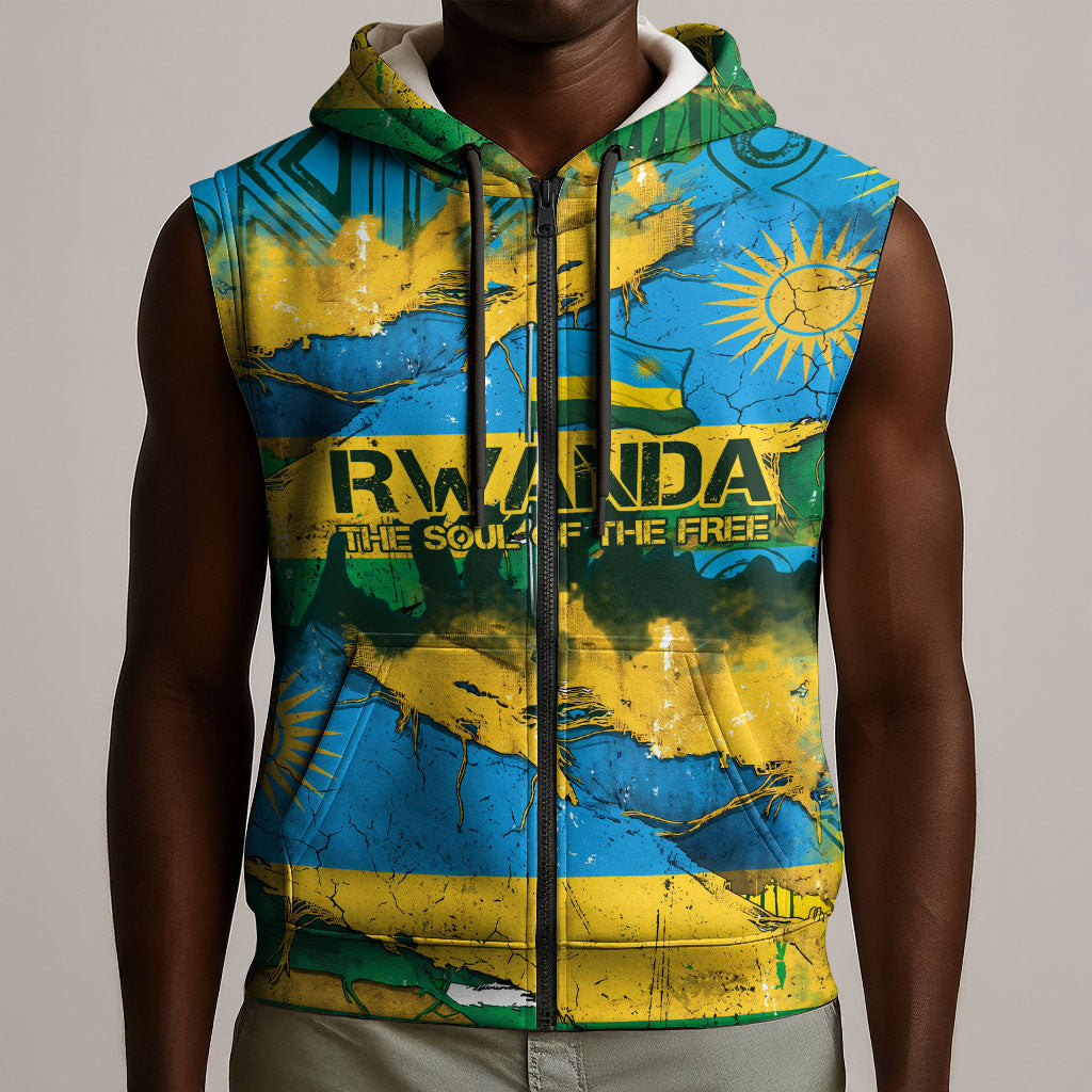 Rwanda Independence Day Sleeveless Zip Hoodie Distressed Grunge Flag Design - Broken Chains And 1962 Graphic