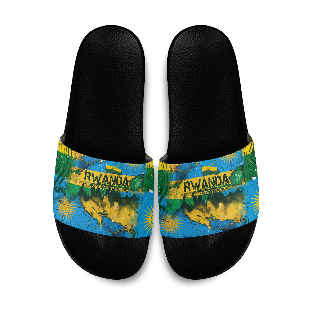 Rwanda Independence Day Slide Sandals Distressed Grunge Flag Design - Broken Chains And 1962 Graphic
