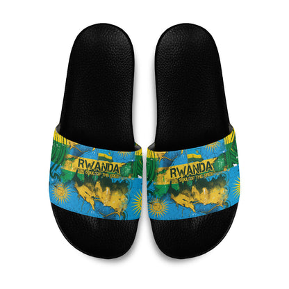 Rwanda Independence Day Slide Sandals Distressed Grunge Flag Design - Broken Chains And 1962 Graphic