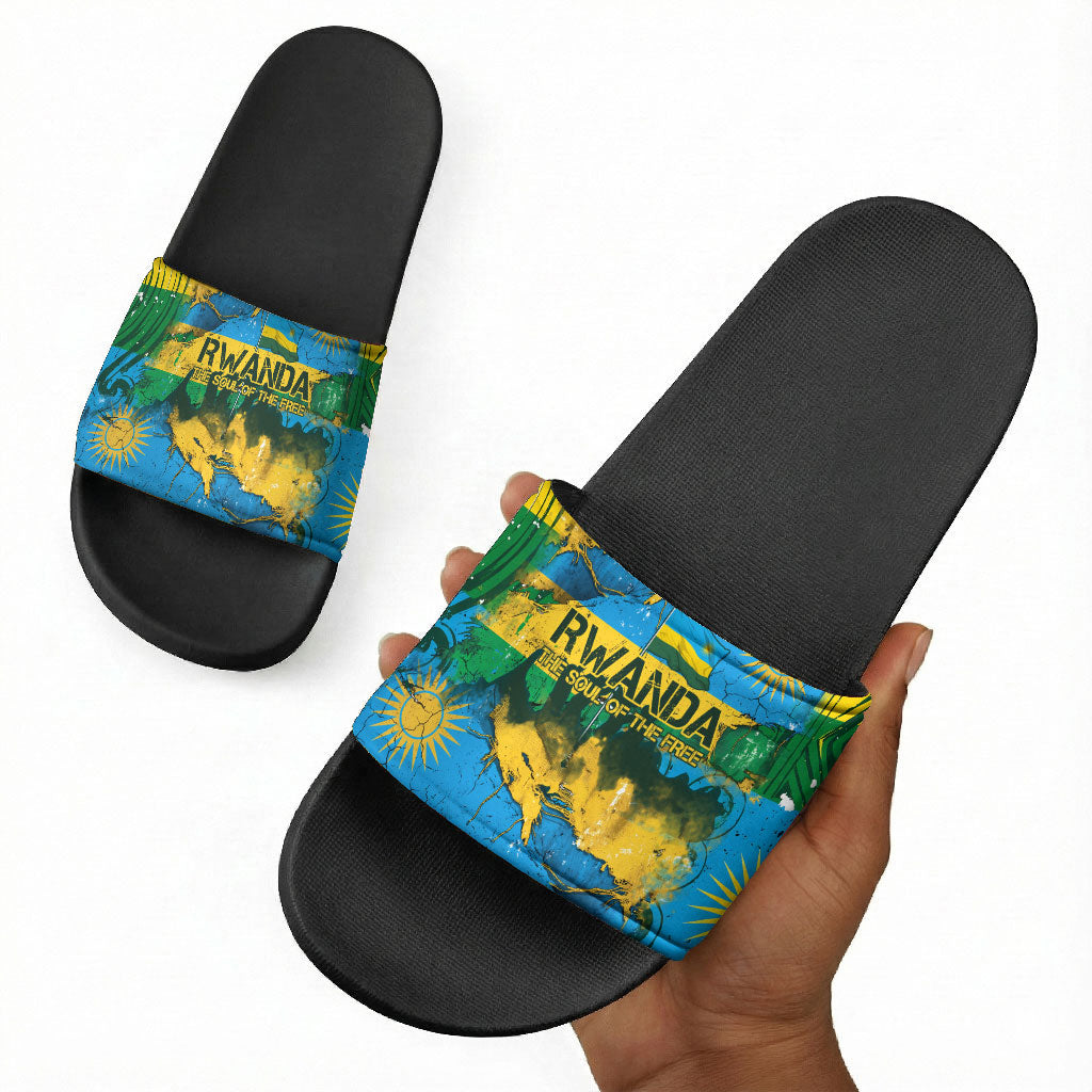 Rwanda Independence Day Slide Sandals Distressed Grunge Flag Design - Broken Chains And 1962 Graphic