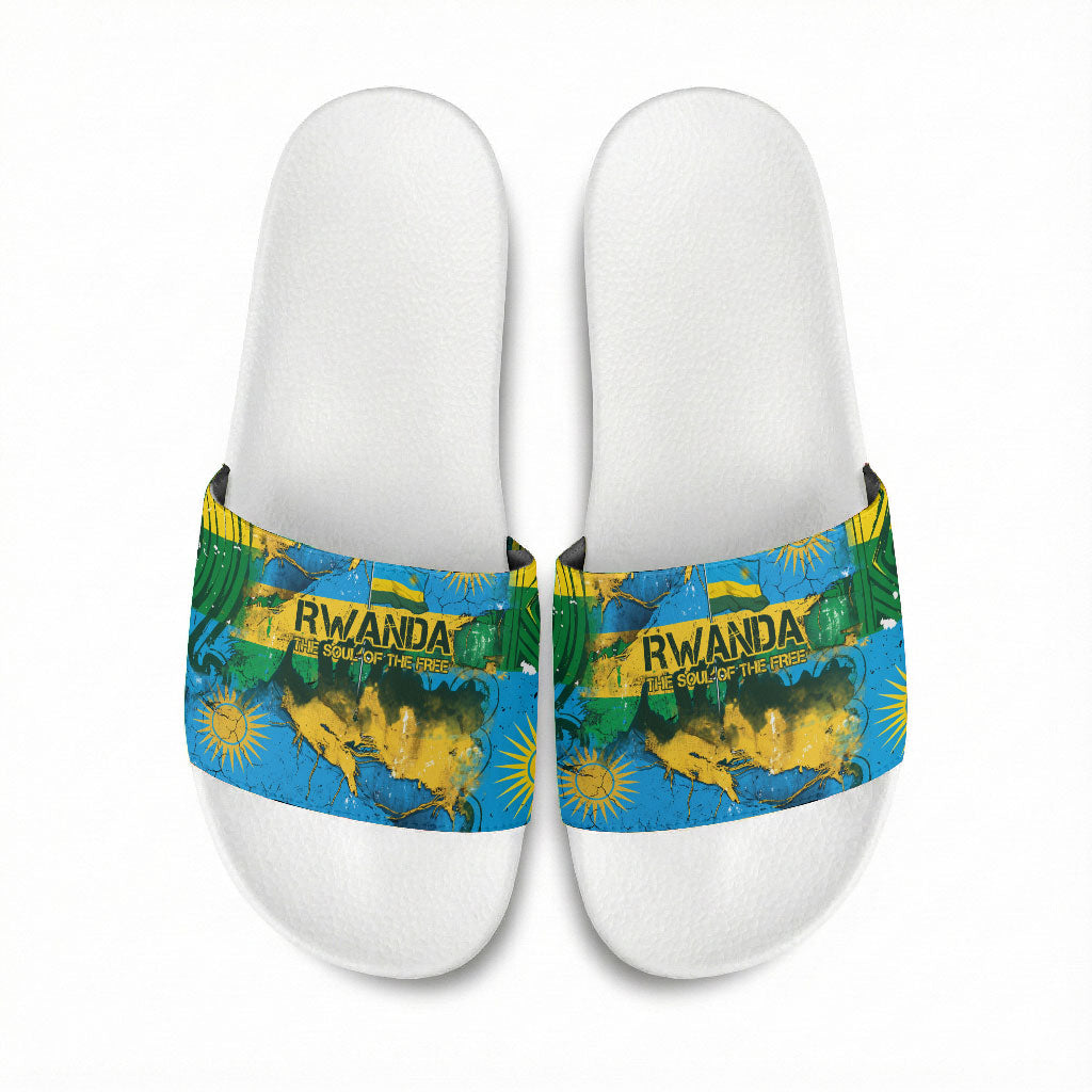 Rwanda Independence Day Slide Sandals Distressed Grunge Flag Design - Broken Chains And 1962 Graphic