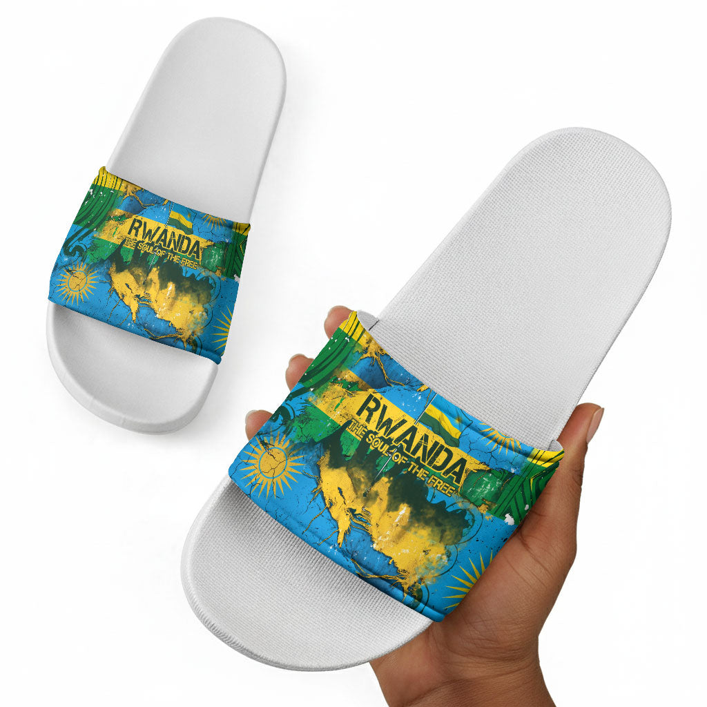 Rwanda Independence Day Slide Sandals Distressed Grunge Flag Design - Broken Chains And 1962 Graphic