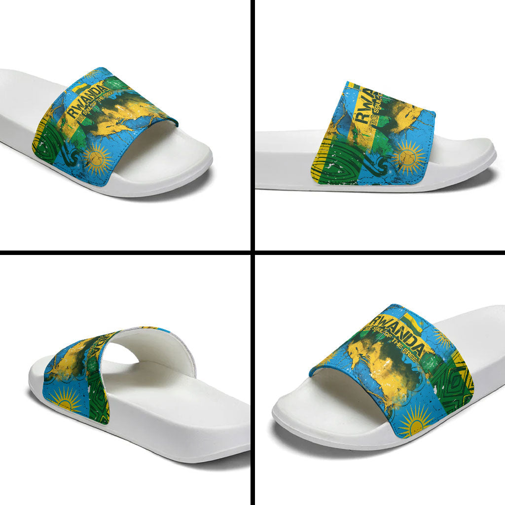 Rwanda Independence Day Slide Sandals Distressed Grunge Flag Design - Broken Chains And 1962 Graphic