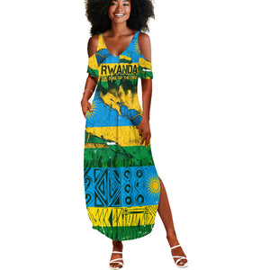 Rwanda Independence Day Summer Maxi Dress Distressed Grunge Flag Design - Broken Chains And 1962 Graphic