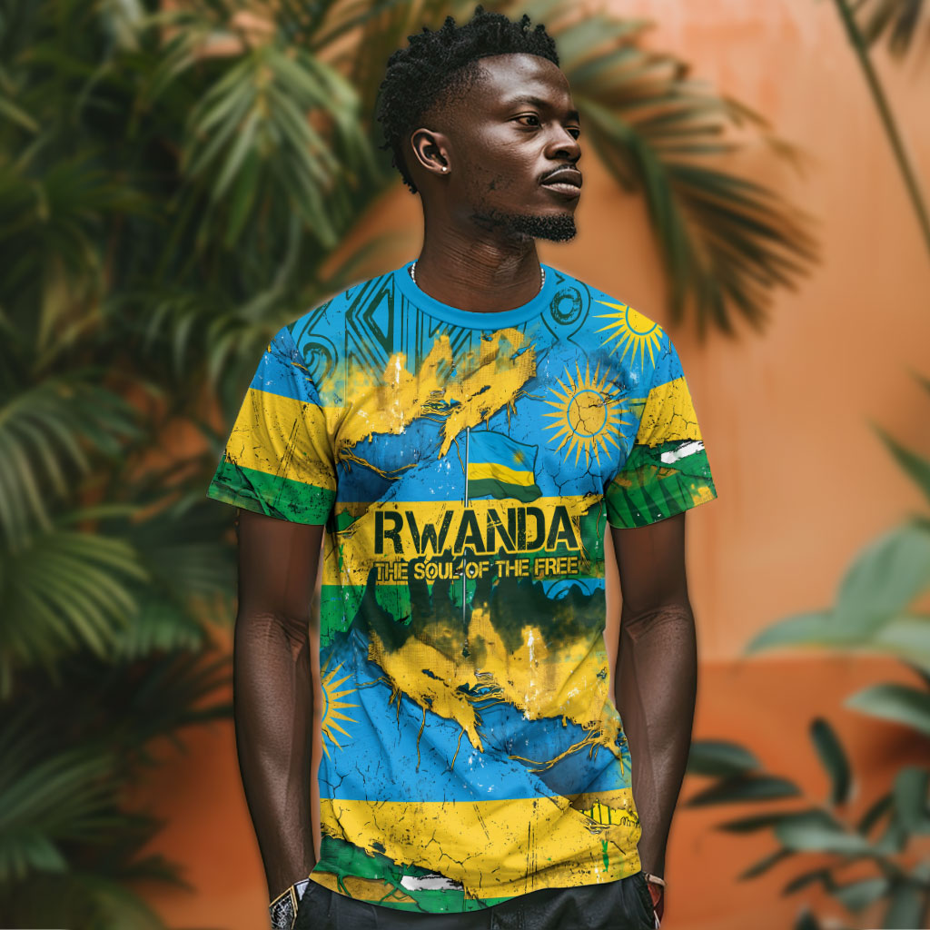 Rwanda Independence Day T shirt Distressed Grunge Flag Design - Broken Chains And 1962 Graphic