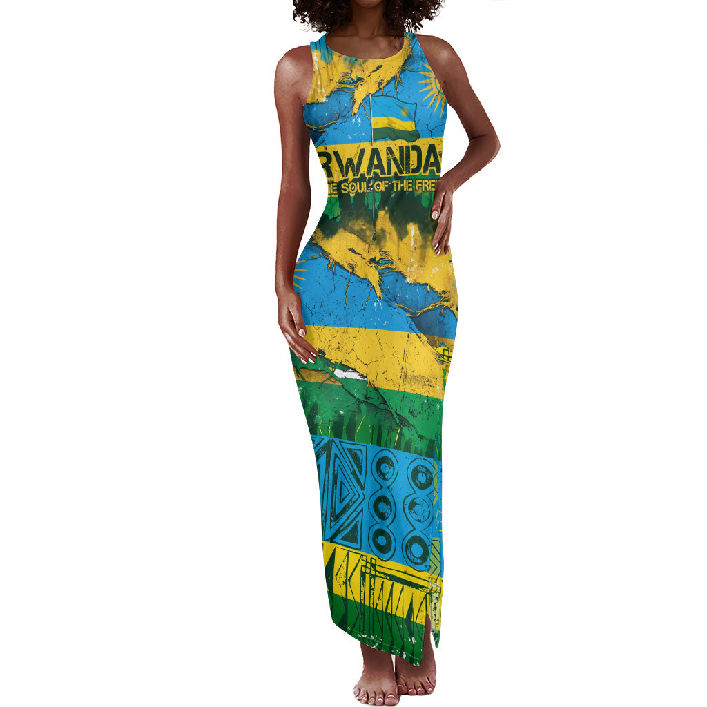 Rwanda Independence Day Tank Maxi Dress Distressed Grunge Flag Design - Broken Chains And 1962 Graphic