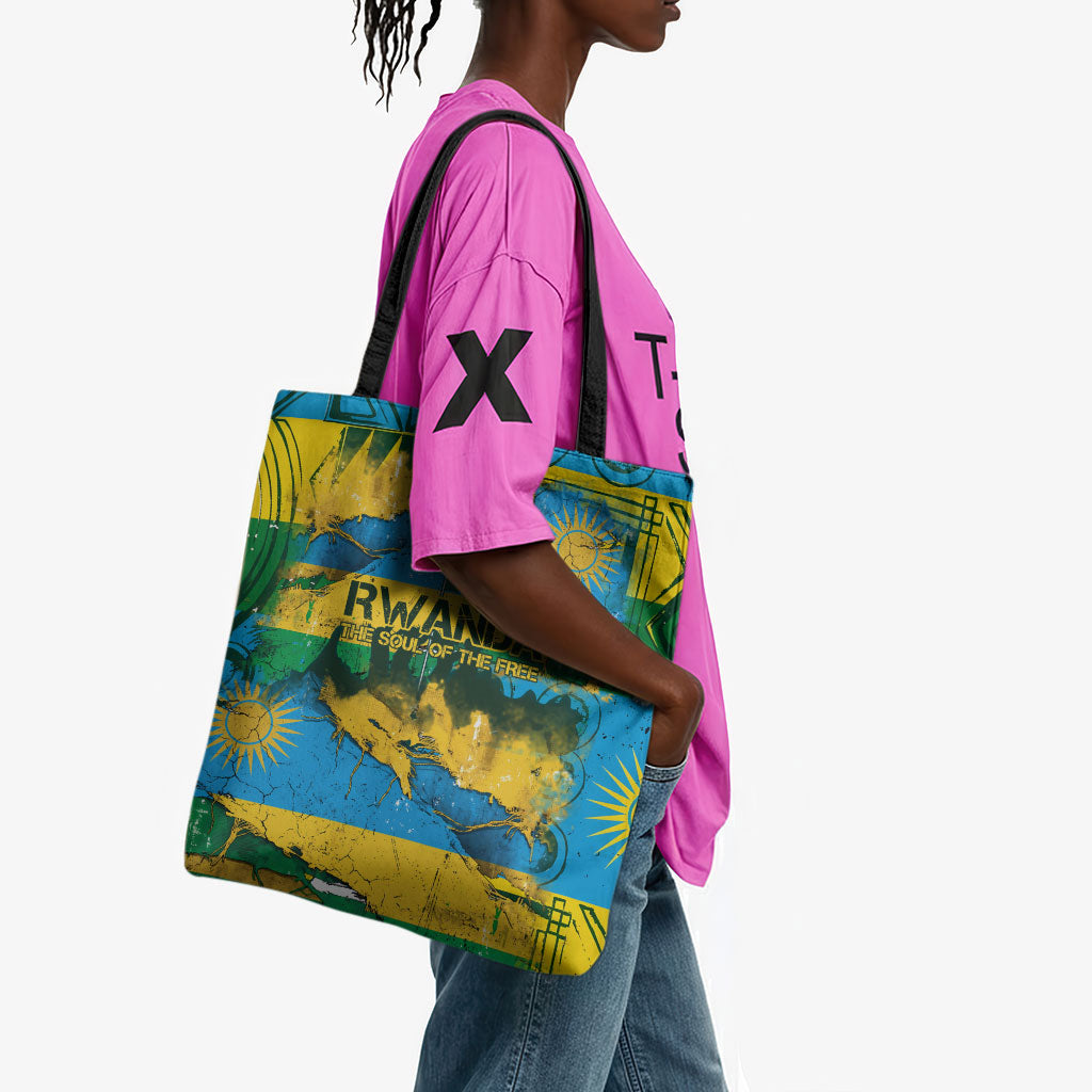 Rwanda Independence Day Tote Bag Distressed Grunge Flag Design - Broken Chains And 1962 Graphic