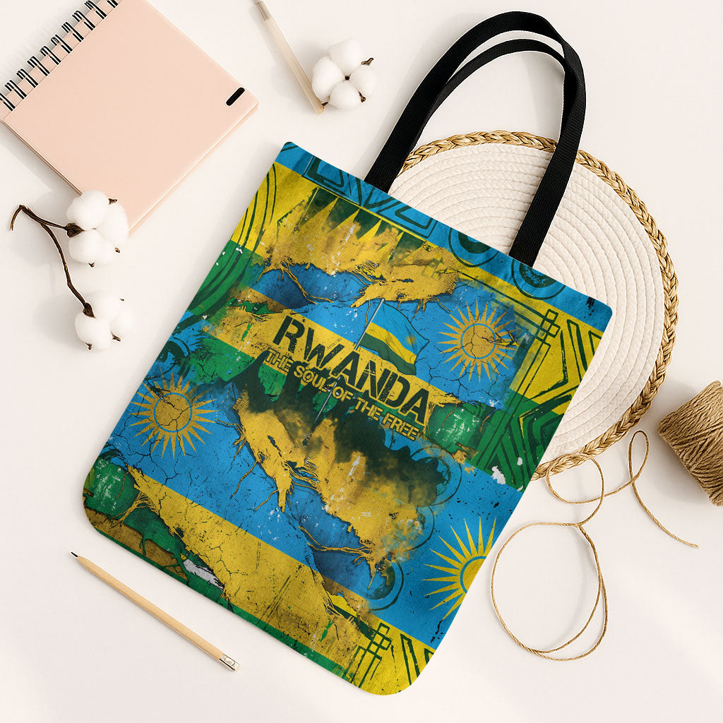 Rwanda Independence Day Tote Bag Distressed Grunge Flag Design - Broken Chains And 1962 Graphic