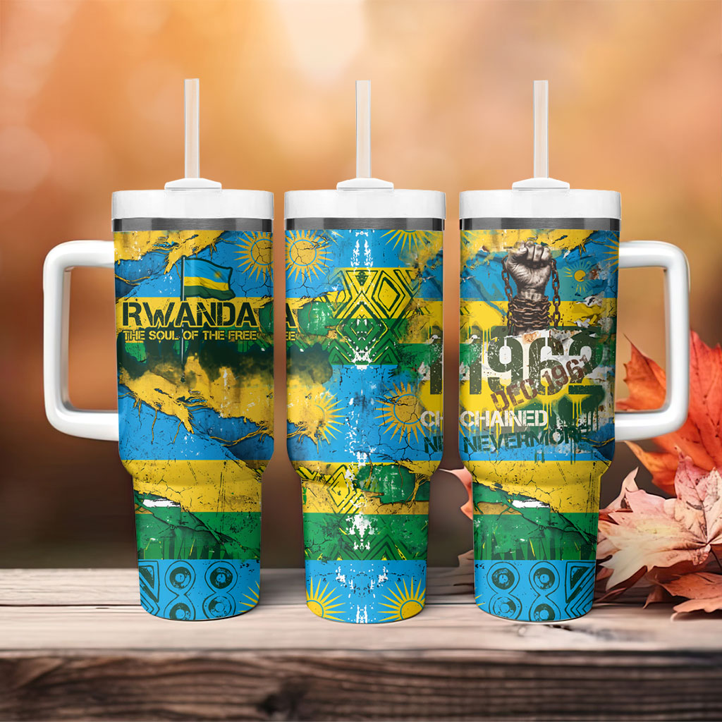 Rwanda Independence Day Tumbler With Handle Distressed Grunge Flag Design - Broken Chains And 1962 Graphic