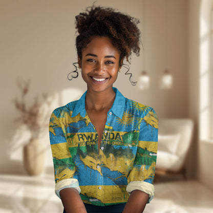 Rwanda Independence Day Women Casual Shirt Distressed Grunge Flag Design - Broken Chains And 1962 Graphic
