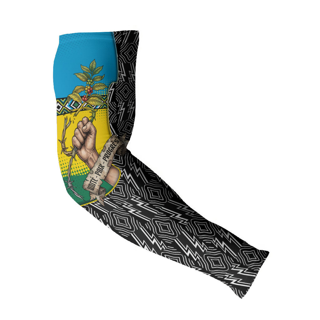 Rwanda Independence Day Unite Paix Progres Arm Sleeves African Geometric Pattern - Power Fist And Coffee Branch Art