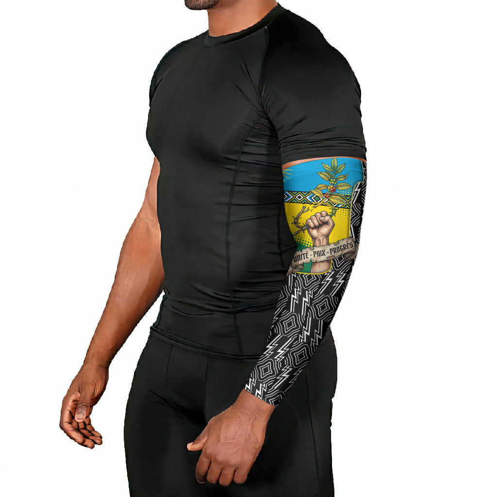 Rwanda Independence Day Unite Paix Progres Arm Sleeves African Geometric Pattern - Power Fist And Coffee Branch Art
