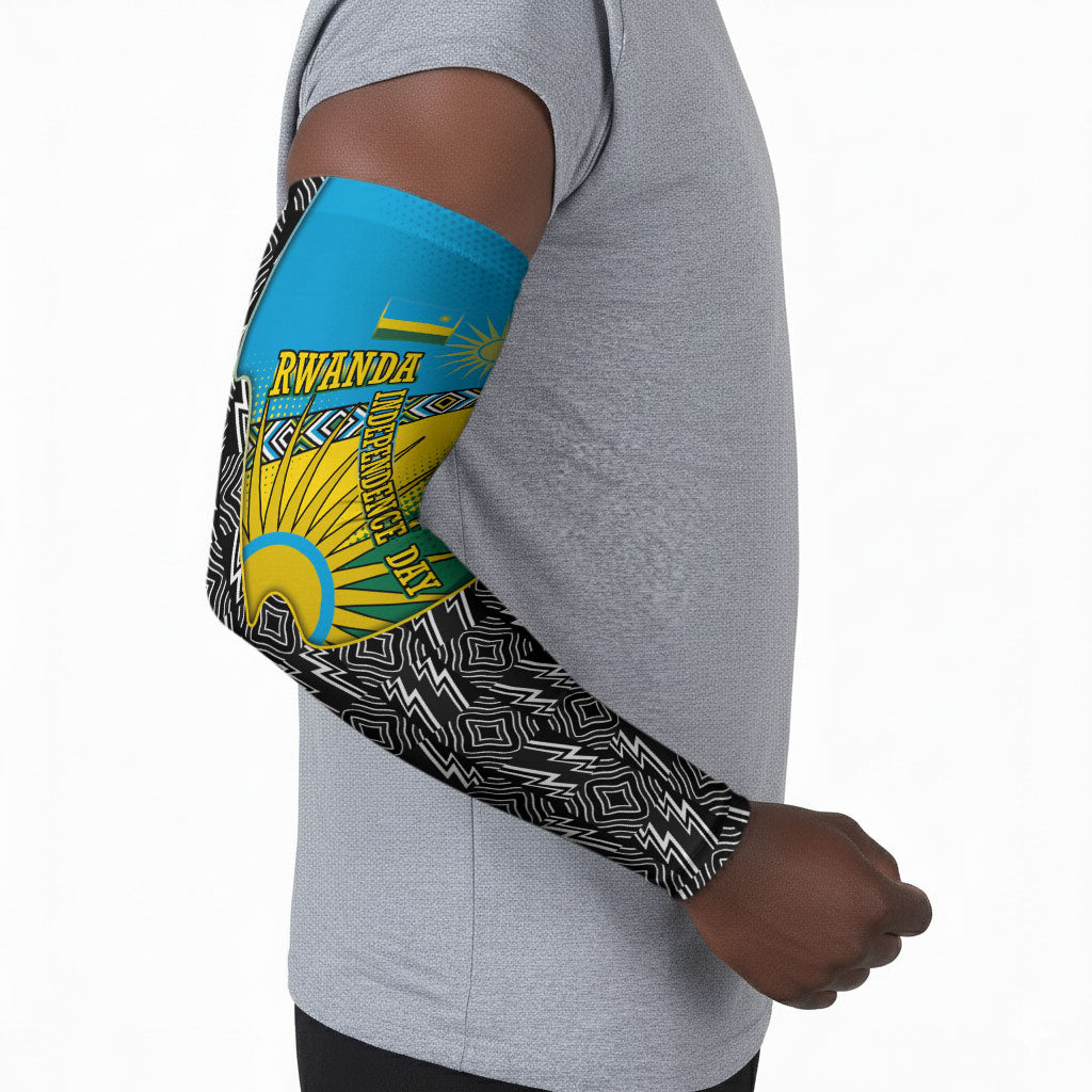 Rwanda Independence Day Unite Paix Progres Arm Sleeves African Geometric Pattern - Power Fist And Coffee Branch Art