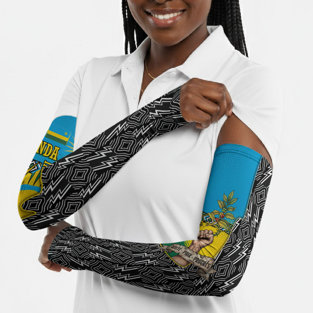 Rwanda Independence Day Unite Paix Progres Arm Sleeves African Geometric Pattern - Power Fist And Coffee Branch Art
