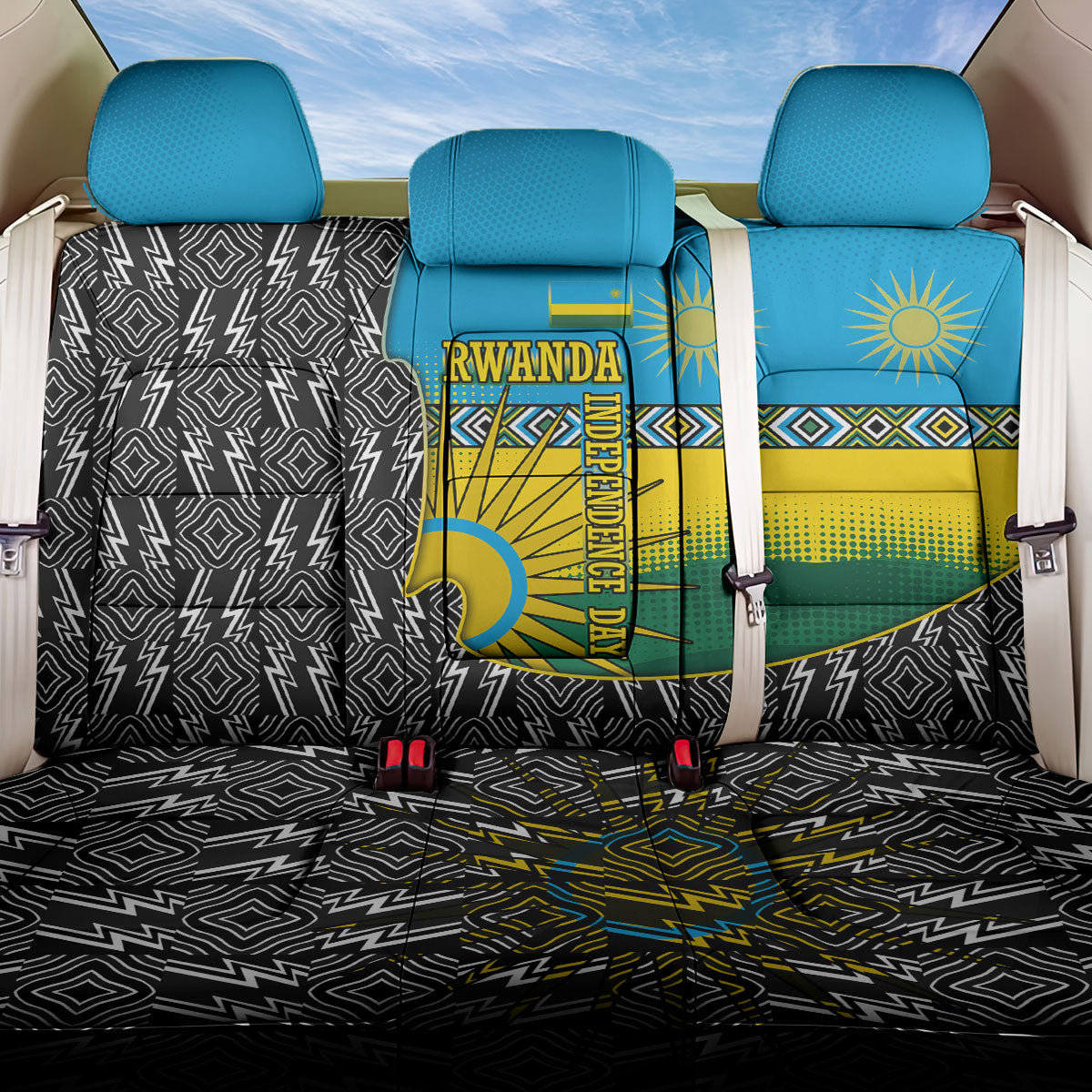 Rwanda Independence Day Unite Paix Progres Back Car Seat Cover African Geometric Pattern - Power Fist And Coffee Branch Art