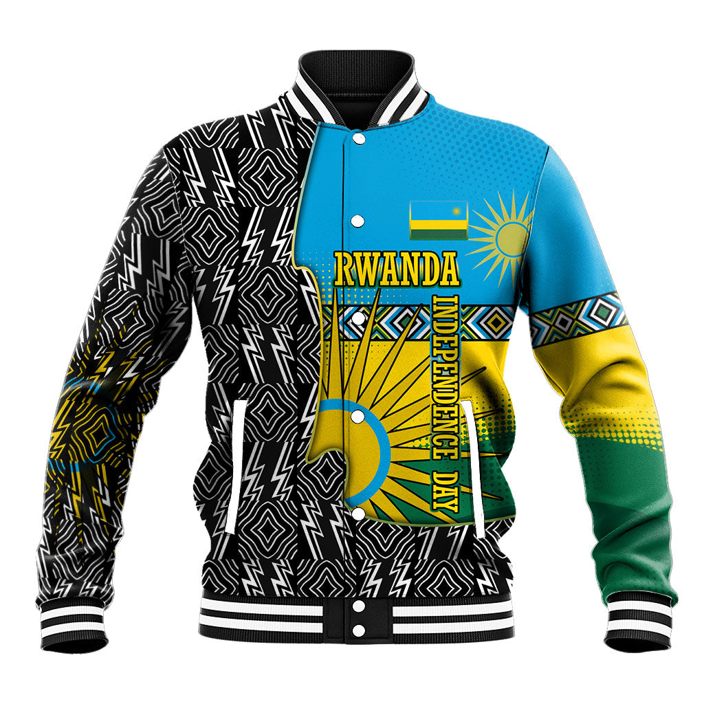 Rwanda Independence Day Unite Paix Progres Baseball Jacket African Geometric Pattern - Power Fist And Coffee Branch Art