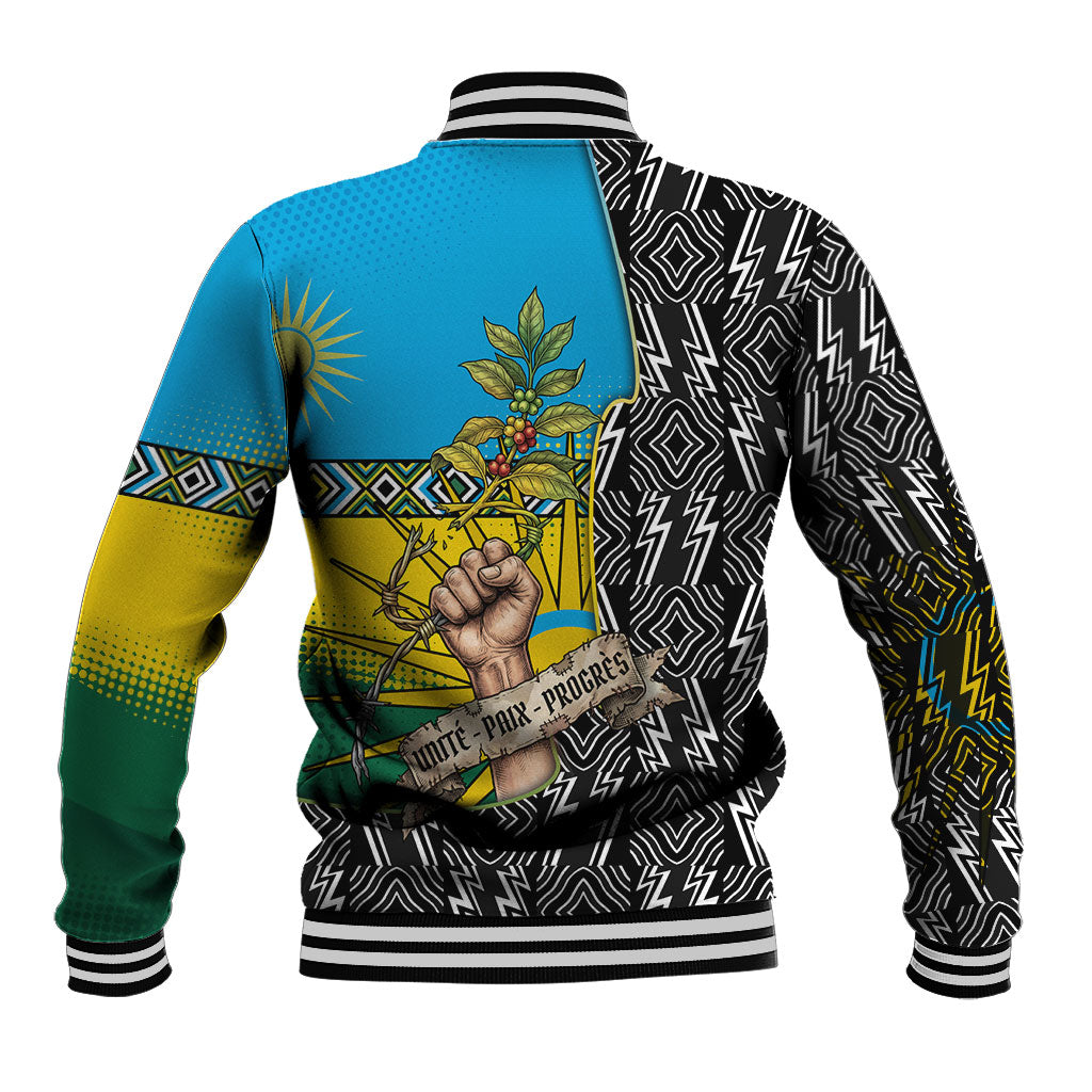 Rwanda Independence Day Unite Paix Progres Baseball Jacket African Geometric Pattern - Power Fist And Coffee Branch Art
