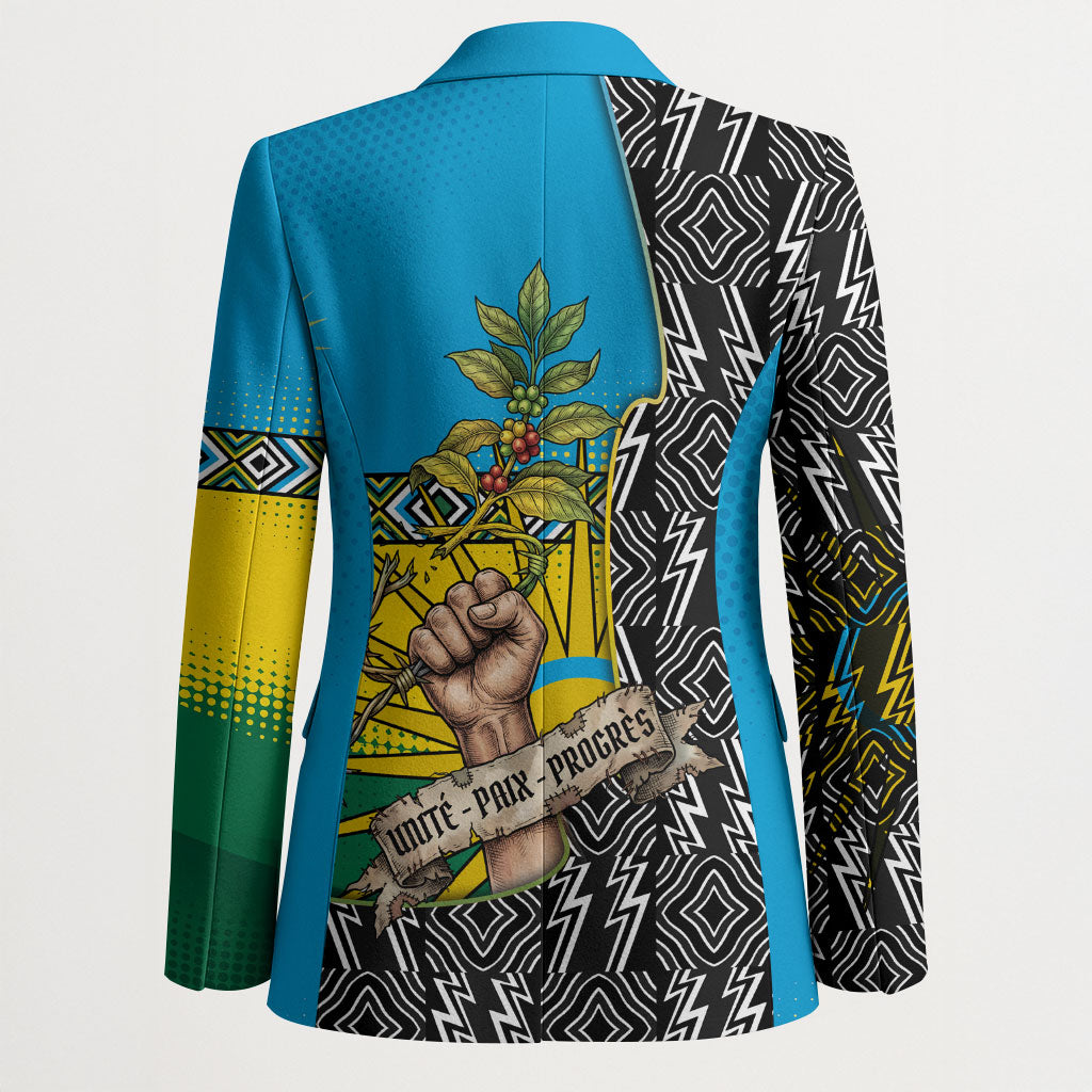 Rwanda Independence Day Unite Paix Progres Blazer African Geometric Pattern - Power Fist And Coffee Branch Art