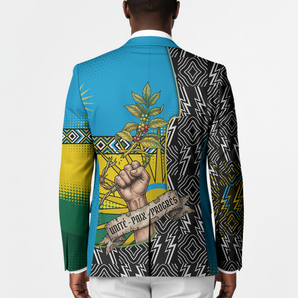 Rwanda Independence Day Unite Paix Progres Blazer African Geometric Pattern - Power Fist And Coffee Branch Art