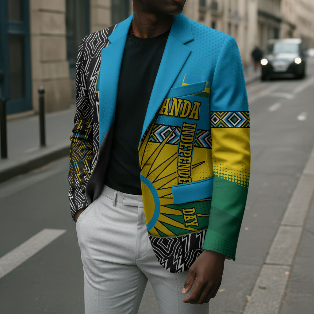 Rwanda Independence Day Unite Paix Progres Blazer African Geometric Pattern - Power Fist And Coffee Branch Art