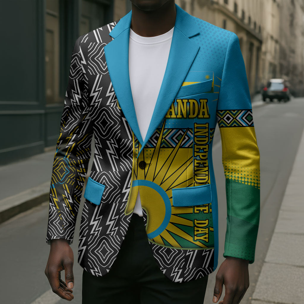 Rwanda Independence Day Unite Paix Progres Blazer African Geometric Pattern - Power Fist And Coffee Branch Art