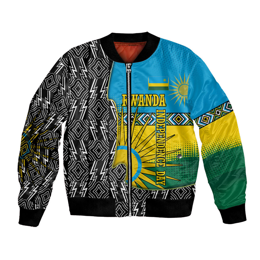 Rwanda Independence Day Unite Paix Progres Bomber Jacket African Geometric Pattern - Power Fist And Coffee Branch Art