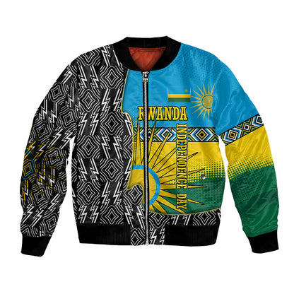 Rwanda Independence Day Unite Paix Progres Bomber Jacket African Geometric Pattern - Power Fist And Coffee Branch Art