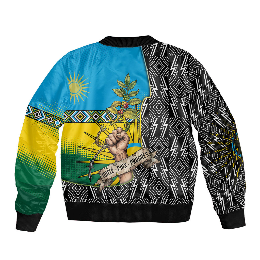 Rwanda Independence Day Unite Paix Progres Bomber Jacket African Geometric Pattern - Power Fist And Coffee Branch Art