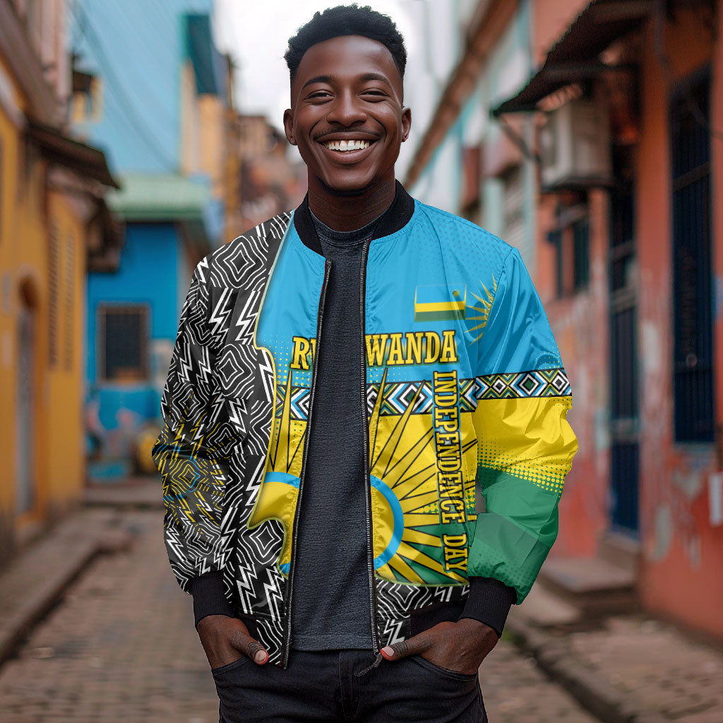 Rwanda Independence Day Unite Paix Progres Bomber Jacket African Geometric Pattern - Power Fist And Coffee Branch Art