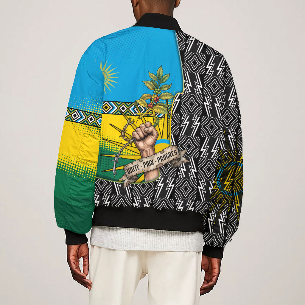 Rwanda Independence Day Unite Paix Progres Bomber Jacket African Geometric Pattern - Power Fist And Coffee Branch Art