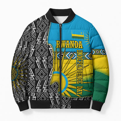 Rwanda Independence Day Unite Paix Progres Bomber Puffer Jacket African Geometric Pattern - Power Fist And Coffee Branch Art