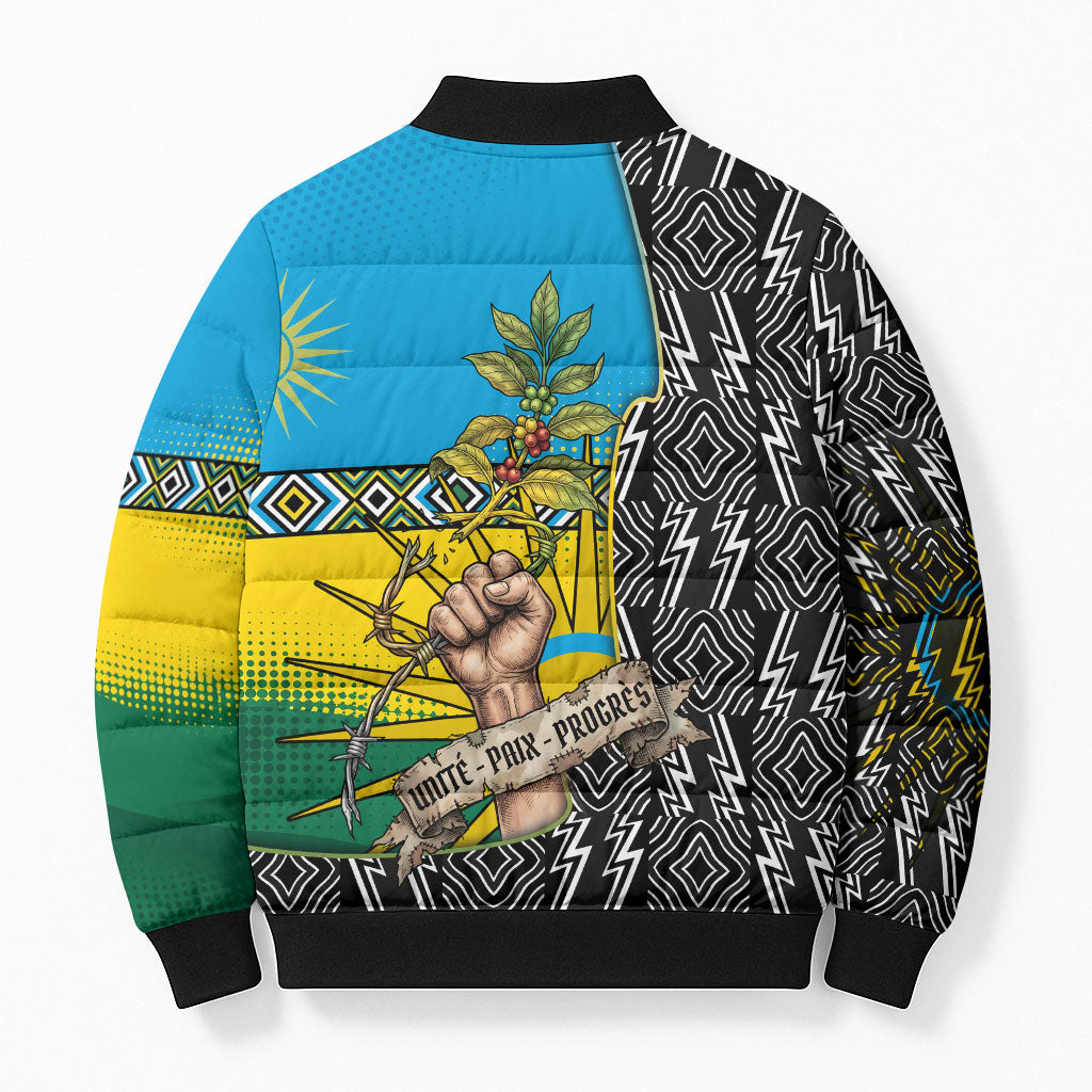 Rwanda Independence Day Unite Paix Progres Bomber Puffer Jacket African Geometric Pattern - Power Fist And Coffee Branch Art