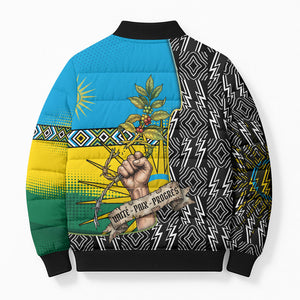 Rwanda Independence Day Unite Paix Progres Bomber Puffer Jacket African Geometric Pattern - Power Fist And Coffee Branch Art