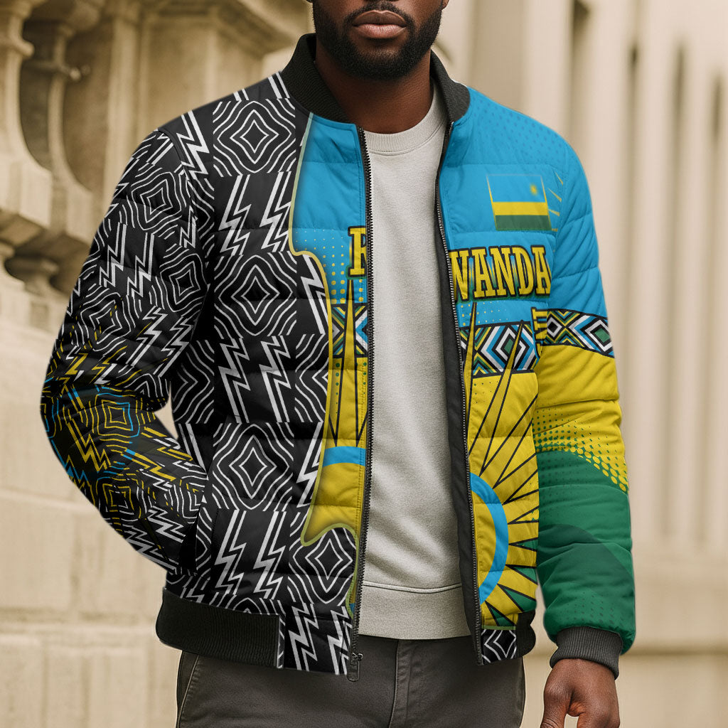 Rwanda Independence Day Unite Paix Progres Bomber Puffer Jacket African Geometric Pattern - Power Fist And Coffee Branch Art