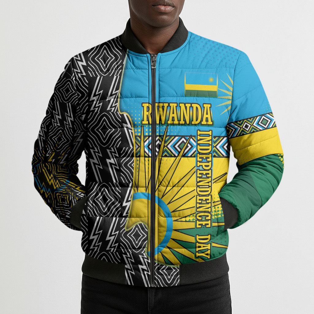 Rwanda Independence Day Unite Paix Progres Bomber Puffer Jacket African Geometric Pattern - Power Fist And Coffee Branch Art