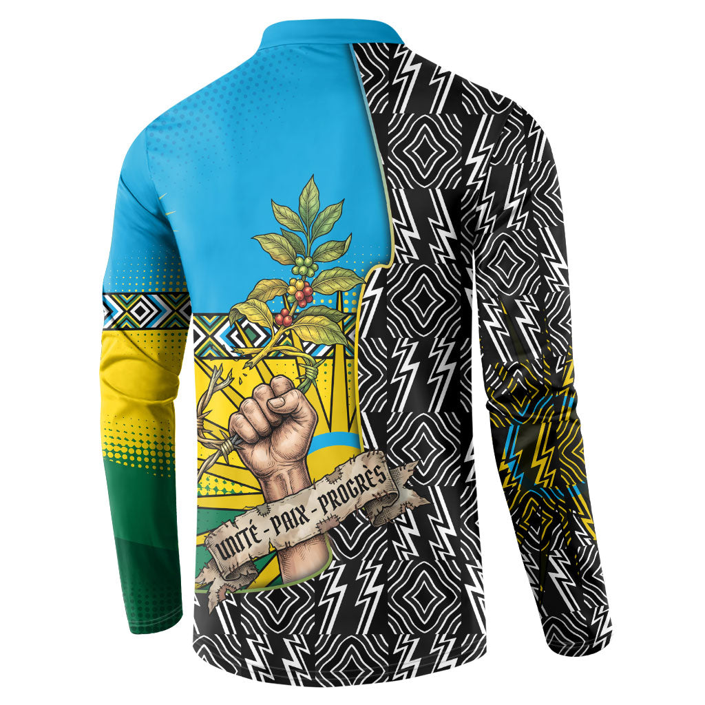 Rwanda Independence Day Unite Paix Progres Button Sweatshirt African Geometric Pattern - Power Fist And Coffee Branch Art