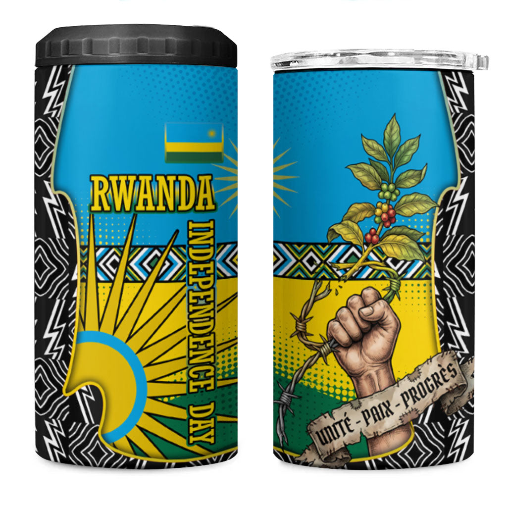 Rwanda Independence Day Unite Paix Progres 4 in 1 Can Cooler Tumbler African Geometric Pattern - Power Fist And Coffee Branch Art