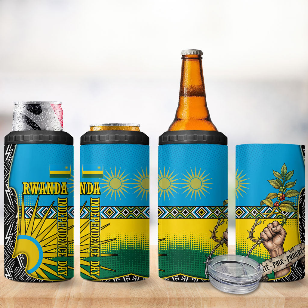 Rwanda Independence Day Unite Paix Progres 4 in 1 Can Cooler Tumbler African Geometric Pattern - Power Fist And Coffee Branch Art