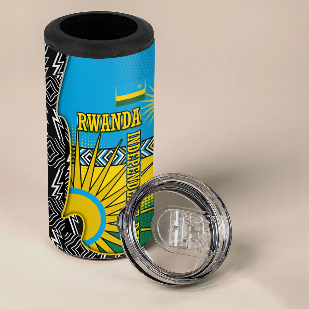 Rwanda Independence Day Unite Paix Progres 4 in 1 Can Cooler Tumbler African Geometric Pattern - Power Fist And Coffee Branch Art