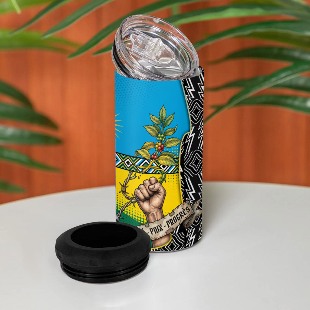 Rwanda Independence Day Unite Paix Progres 4 in 1 Can Cooler Tumbler African Geometric Pattern - Power Fist And Coffee Branch Art
